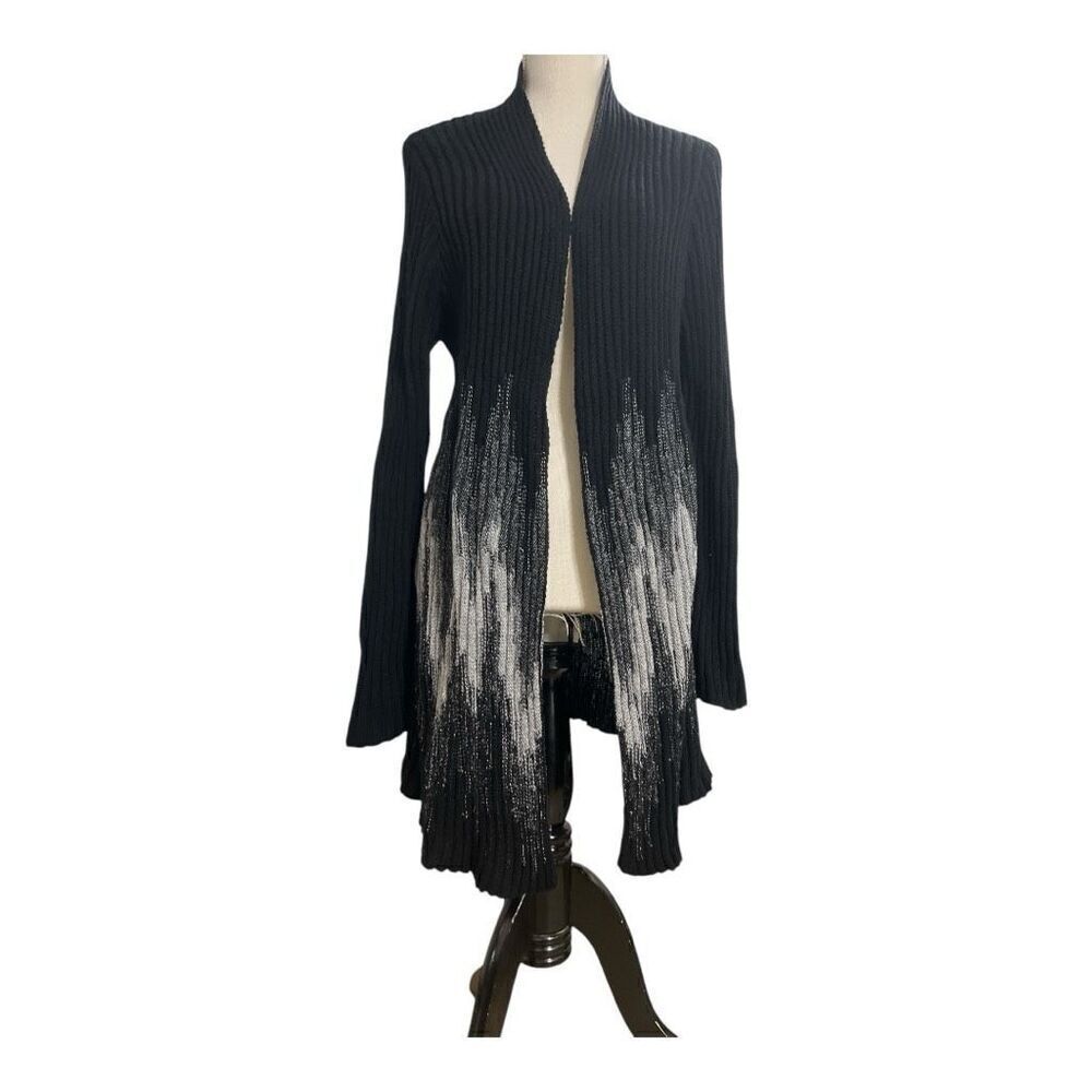 Chico's Wool Blend Black Grey Ribbed Knit Open Front Long Cardigan Size 2(12) - Picture 2 of 11